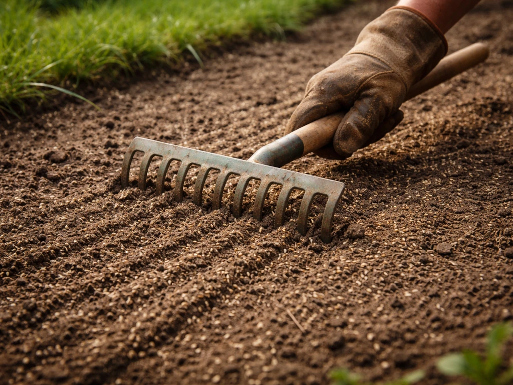 Gespannen handen en een lichte hark die graszaad in vochtige aarde werkt en deels afdekt.