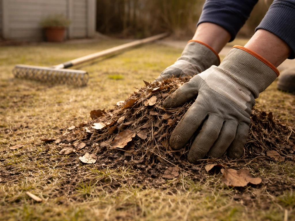 Twee handen met werkhandschoenen maken een gazon schoon met een hark; verticuteerhark ligt op de grond.