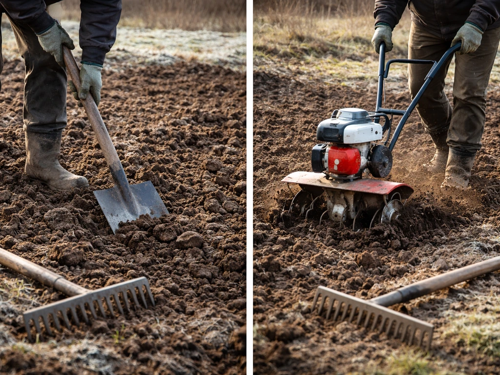 Anonieme handen die met spit en hark kale wintergrond bewerken en egaliseren in een moestuin.