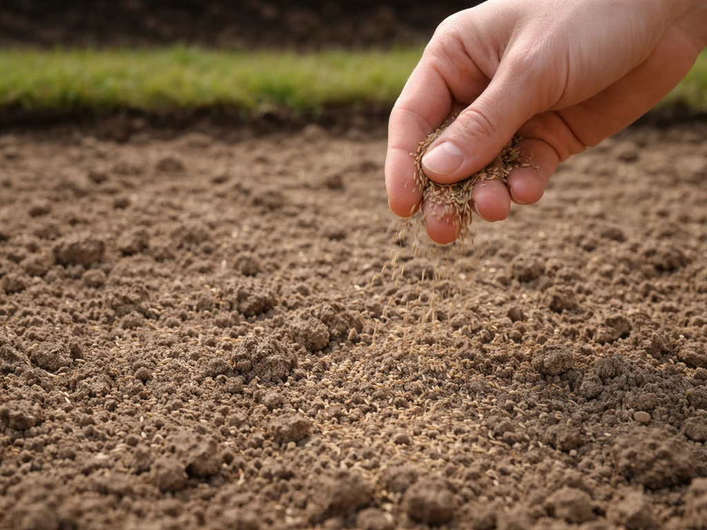 Iemand verdeelt graszaad over een voorbereide tuinbodem in februari, met zichtbare fijne kruimelstructuur.