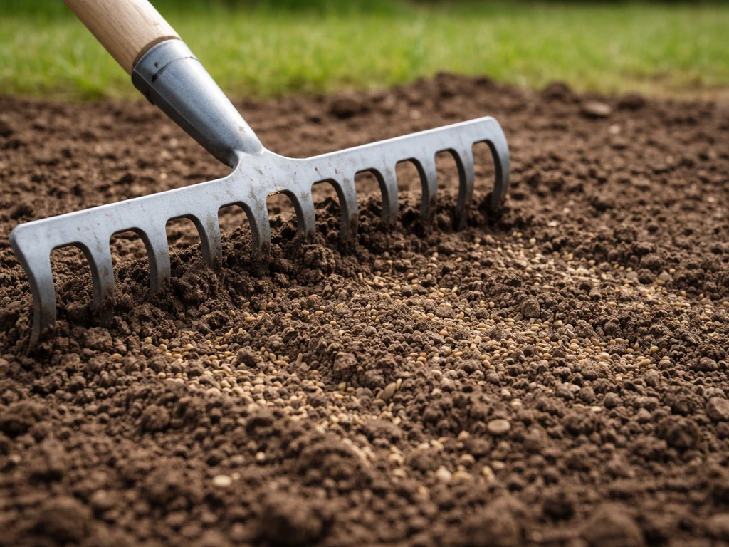 Tuinhark die graszaad licht inwerkt in een kleine strook aarde, zodat het ondiep wordt afgedekt.