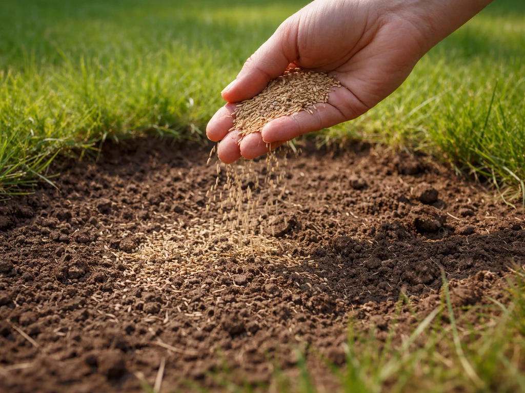 Close-up van een hand die graszaad bijzaait in een kale plek met losgemaakte aarde.