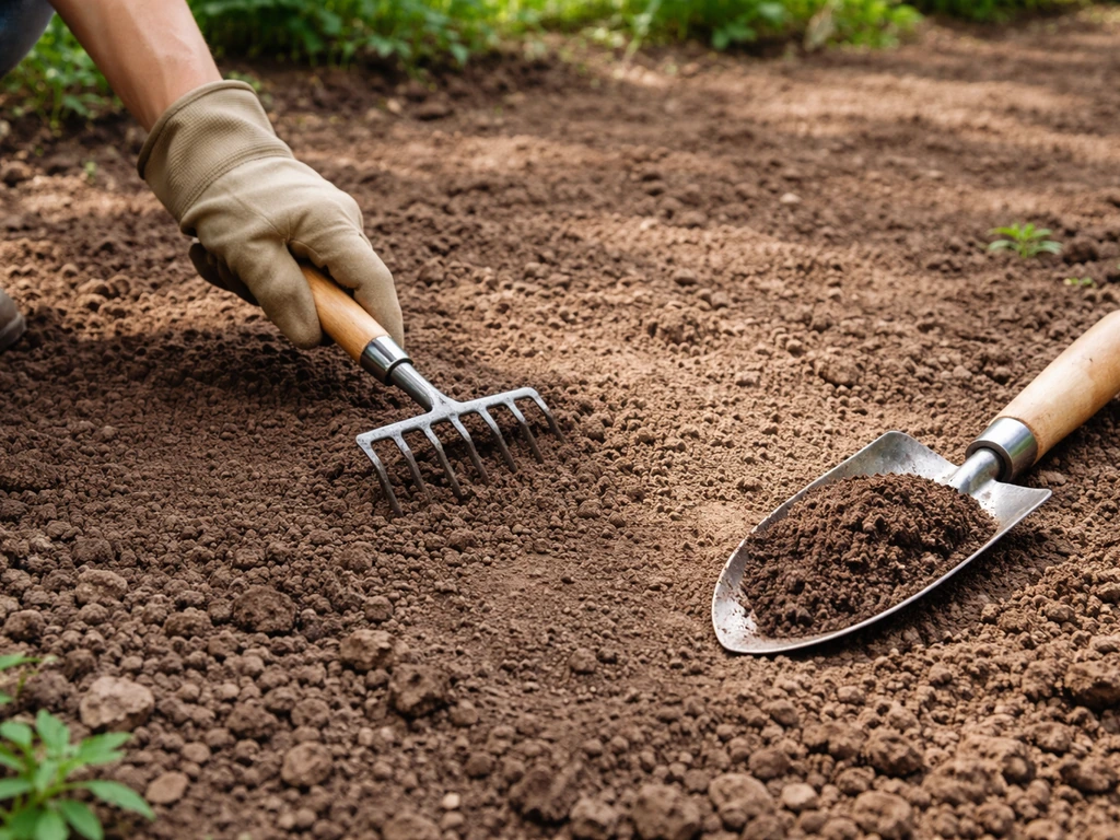 Hand met tuinhark egaliseert kale plek in de tuinbodem en bijvullen met fijne teelaarde/topdressing.