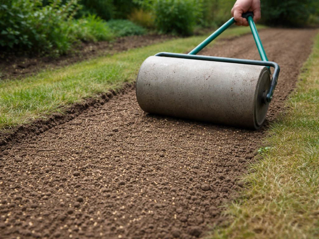 Tuinier rolt licht een gezaaide strook aan met een kleine tuinrol voor goed grondcontact.