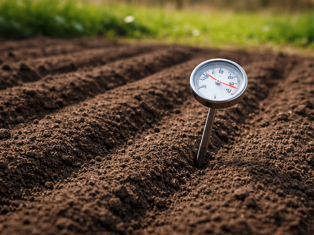 Voorjaarszaaisel: zaaibed met bodemthermometer in de grond, warm weer en frisse tuinpraktijk