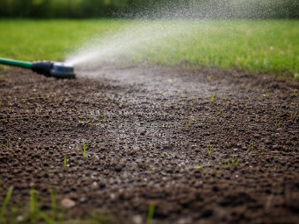Fijne sproeiende watertoevoer boven een vers ingezaaid gazon; de toplaag blijft vochtig.