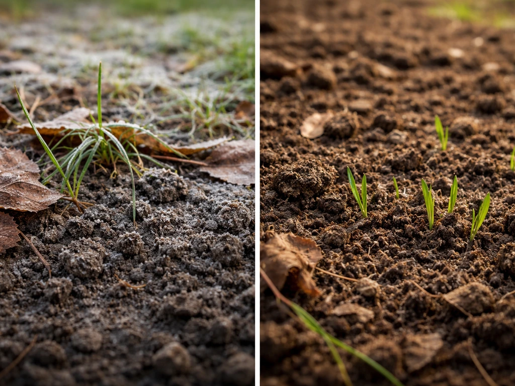 Links bijna bevroren bodem met bladresten, rechts kruimelige warme grond met net startende graskiemen.