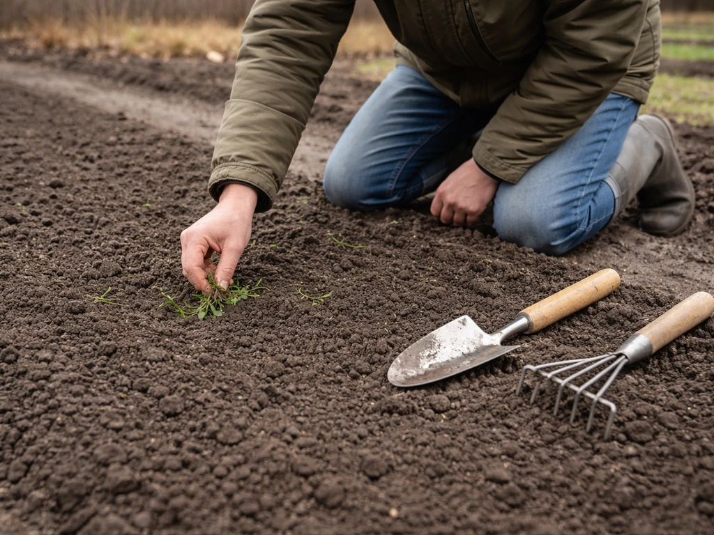 Tuinier verwijdert onkruid en harkt de bovenlaag egaal tot een schoon, zaaiklaar zaaibed in december.