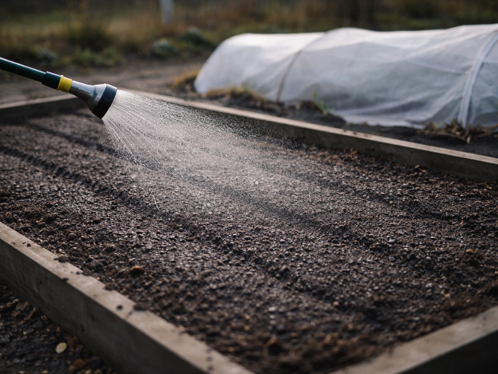 Tuinbed met jonge zaailingen, zachte beregening en licht afdekvlies tegen vorstrisico in de winter