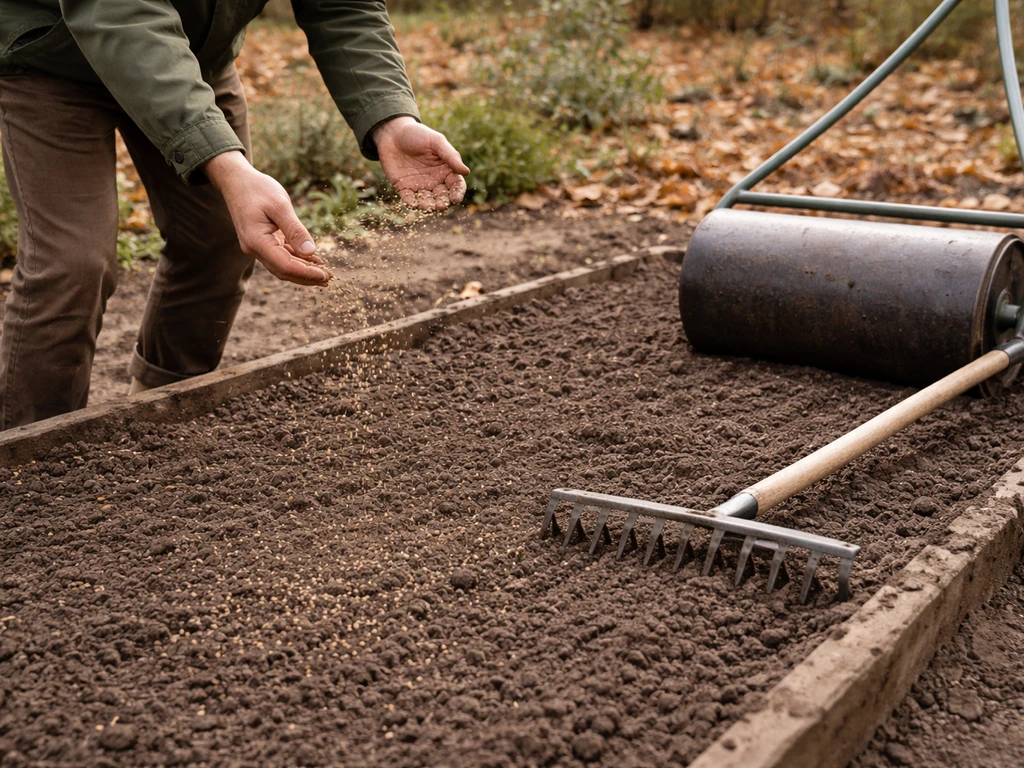 Iemand zaait in oktober en werkt het zaad meteen in met een hark en rolt daarna de grond aan