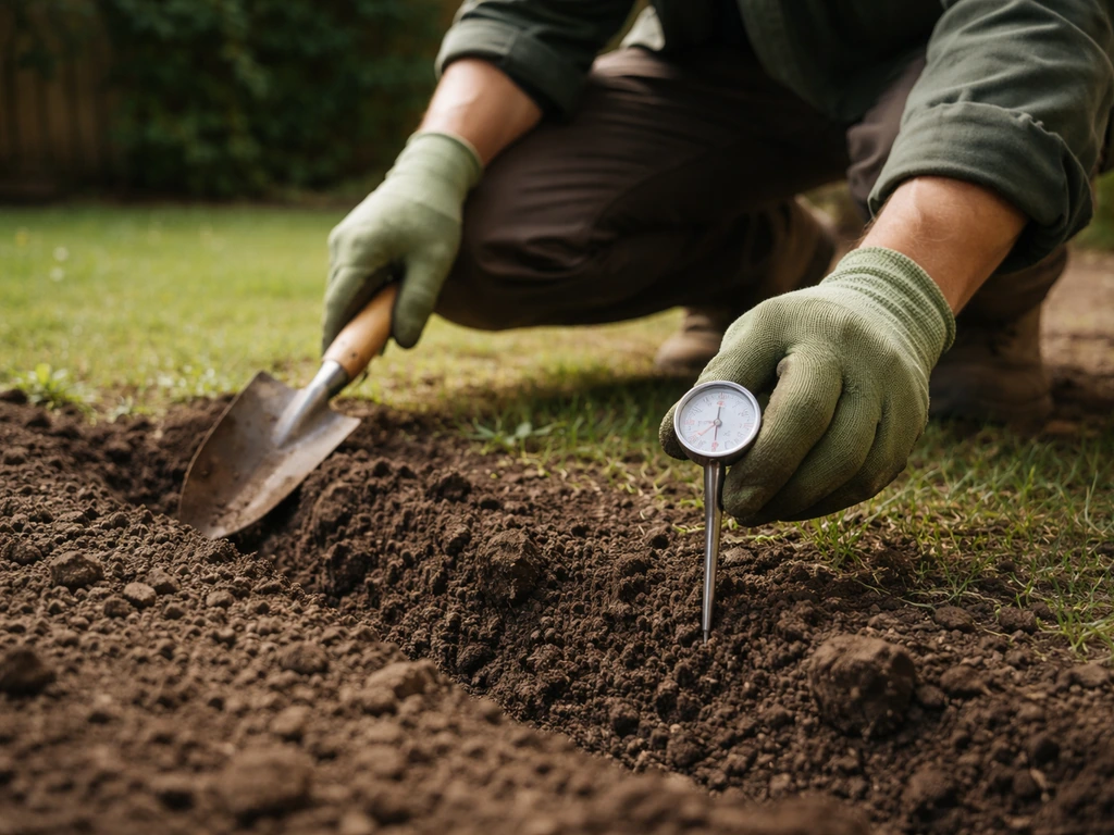 Tuinier meet met een bodemthermometer in de grond en bereidt een graszaai-plek voor in voorjaar of najaar.