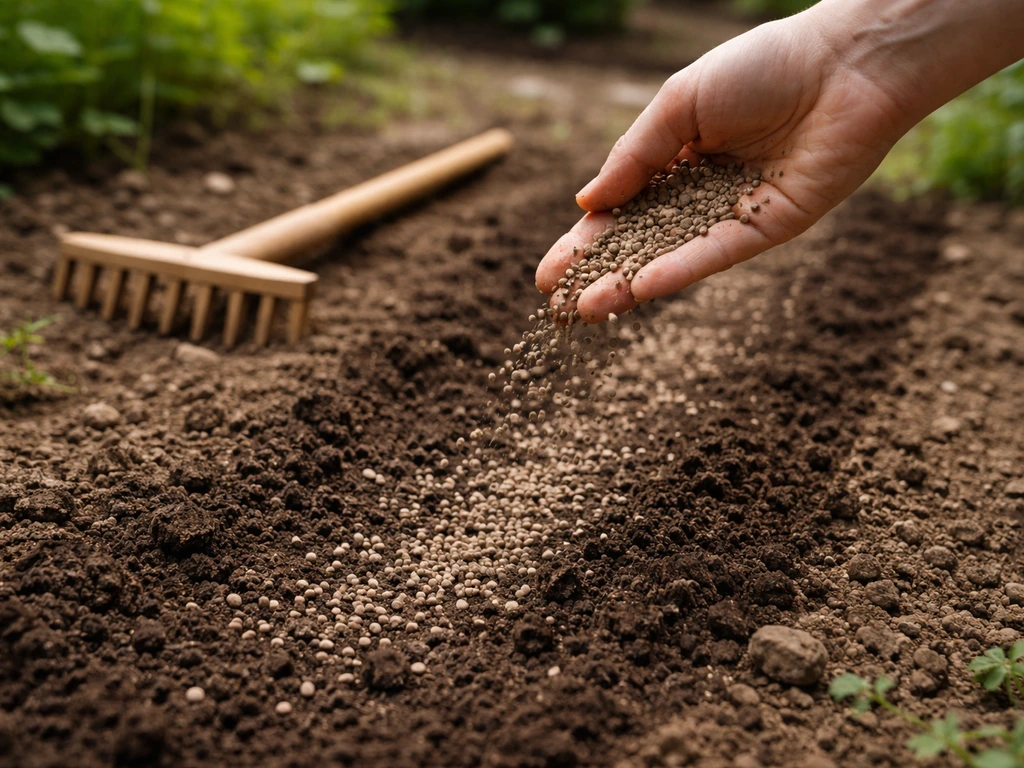 Hand schudt mestkorrels over de bovenste laag grond met een kleine hark, klaar om graszaad in te zaaien.