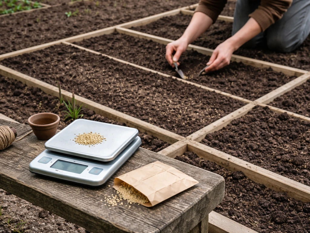 Handen zaaien nauwkeurig in een moestuin met vakken en een weegschaal op een tuintafel.