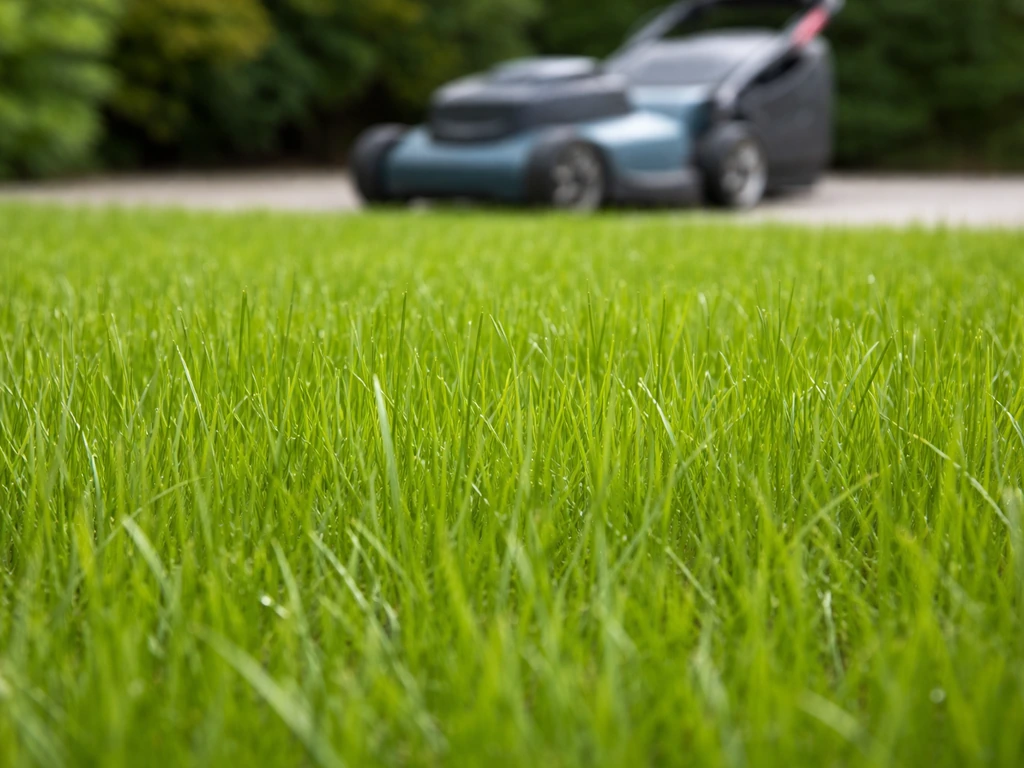 Pas ingezaaid gras van 8–10 cm hoog, met op de achtergrond een grasmaaier klaar voor de eerste maaibeurt.
