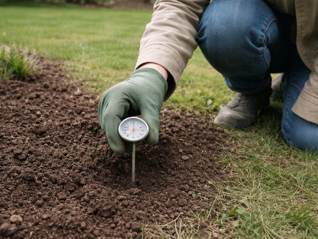 Iemand meet met een grondthermometer de bodemtemperatuur op 5 cm diepte in april-gazon