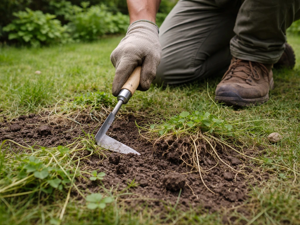 Tuinier schoffelt onkruid uit het gazon; wortelresten en aarde zichtbaar op de grond.