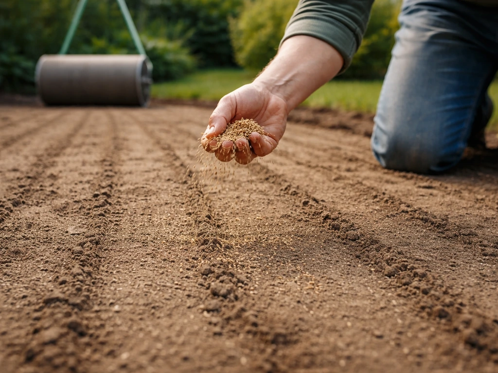 Hand die graszaad gelijkmatig uitstrooit over een klein gazon, met zichtbare zaaibanen in de grond.
