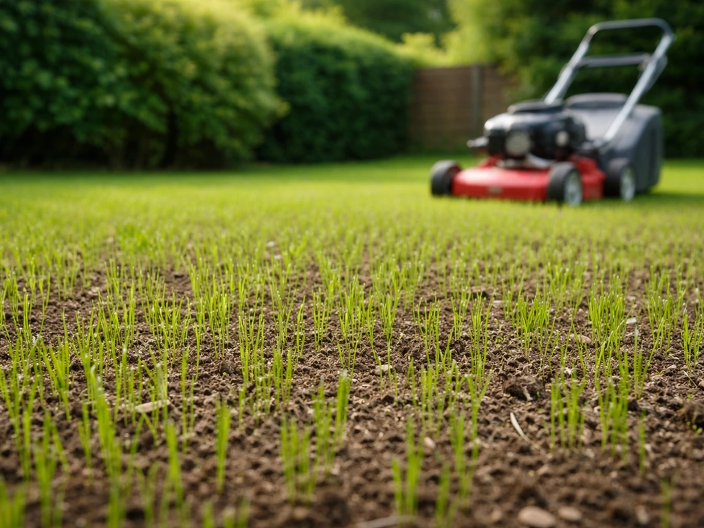 Net ingezaaid gazon met opkomend gras en een grasmaaier die klaarstaat voor de eerste maaibeurt.