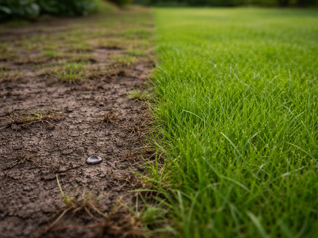 Gazondeel met kale schrale plekken naast goed opgekomen, fris groen gras.