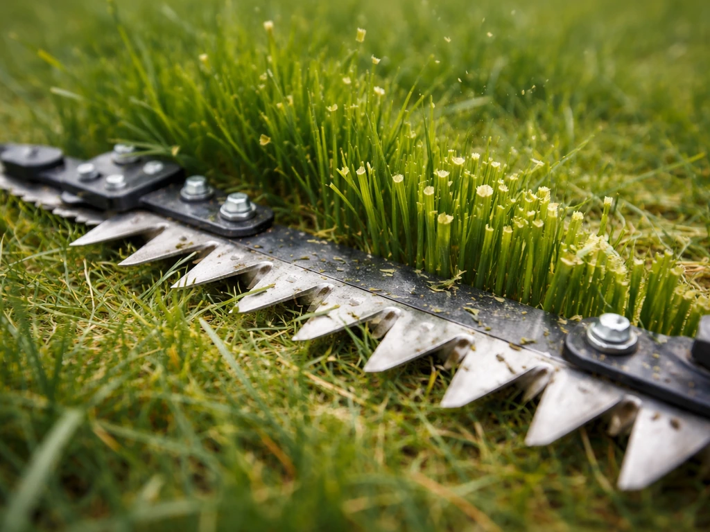 Close-up van een scherp maaibalkmes dat gras netjes knipt met een frisse groene snijrand.
