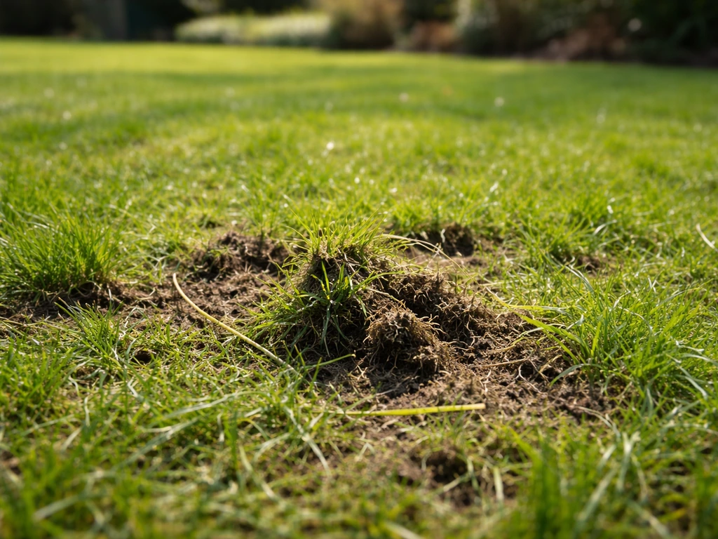 Close-up van jonge gazonsprieten met zichtbare wortelschade door te vroeg maaien