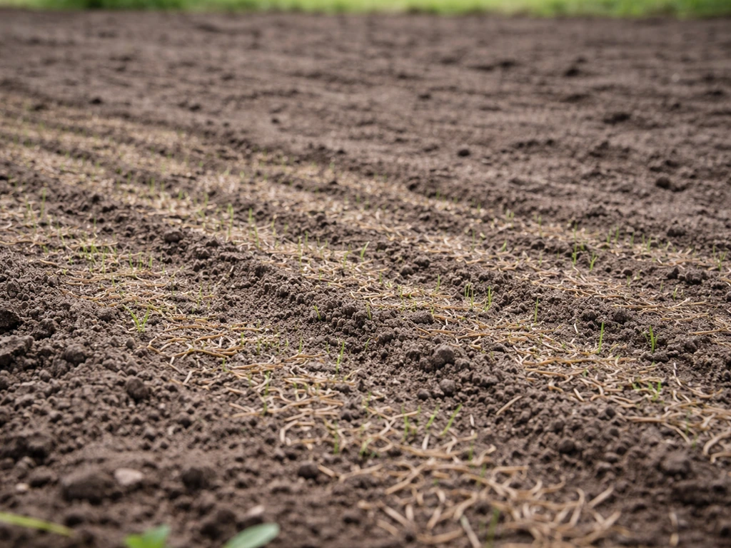 Net ingezaaid gazon met zichtbare inge harkte stroken graszaad en jonge kiemen, zonder personen.