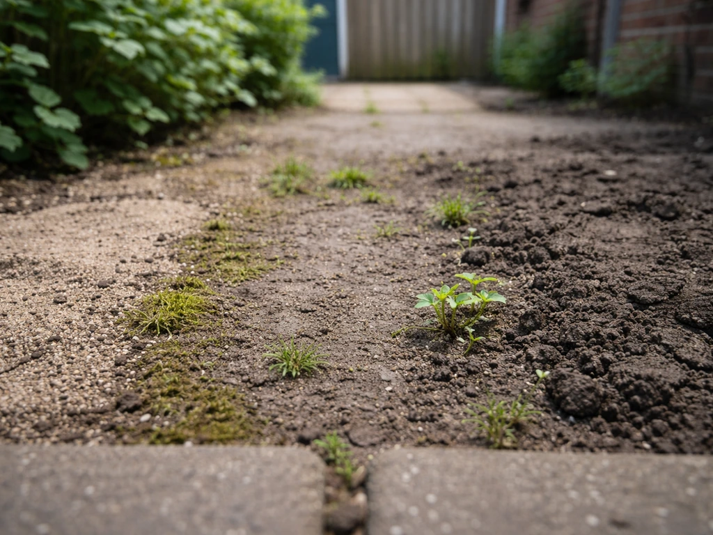 Kleine tuinbodem met duidelijk verschil tussen zand en klei, verdichte plek, mos en wat onkruid.