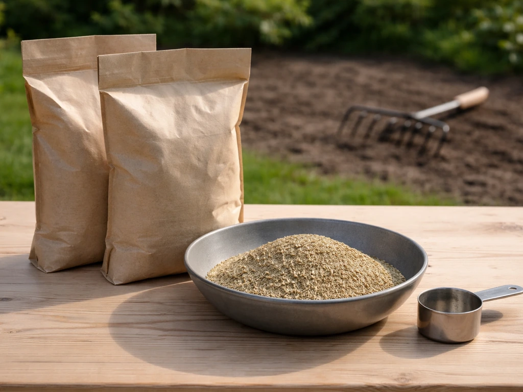 Zakken graszaad en een schaal met gemeten graszaad op een werktafel, in een rustige tuinomgeving.
