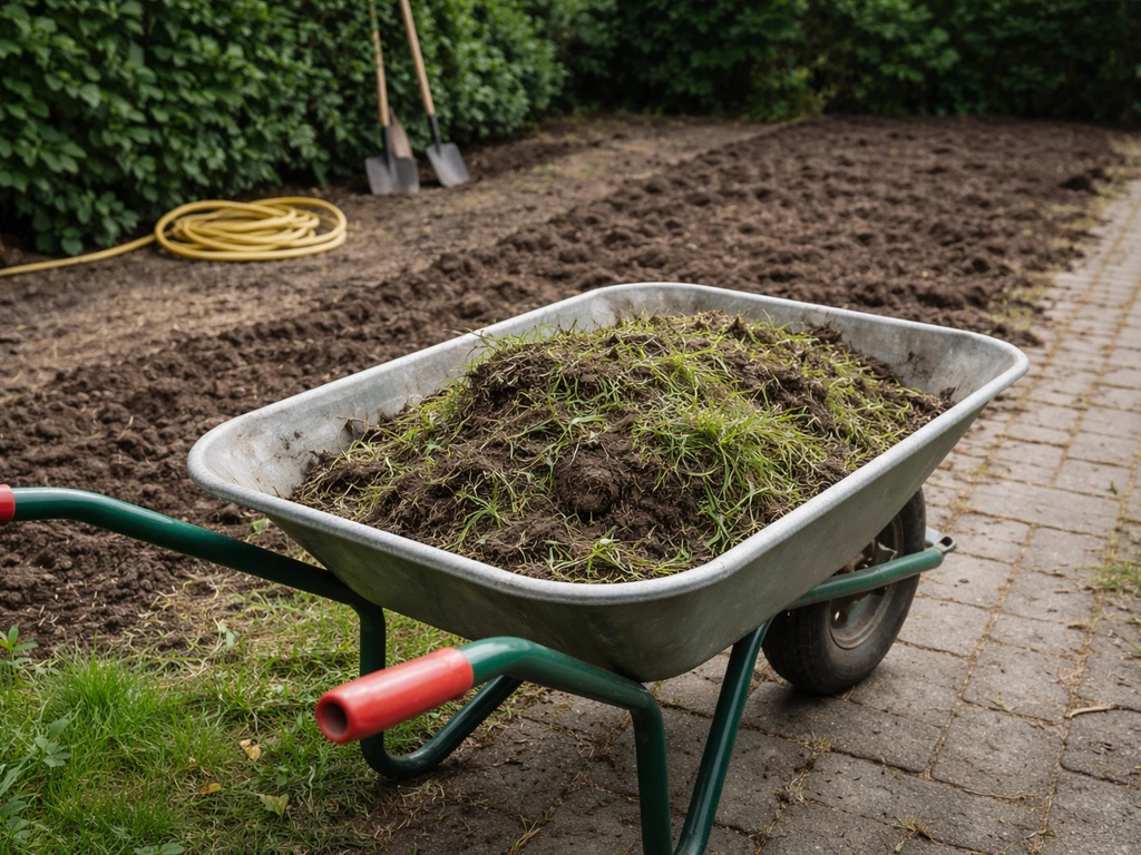 Tuinmanipulatie: kruiwagen met grond en grasresten naast een omgewoelde tuin voor frezen en afvoeren.