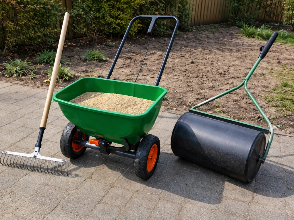 Geopende strooiwagen met zaad, naast hark en grasrol, klaar voor het inzaaien van gras.