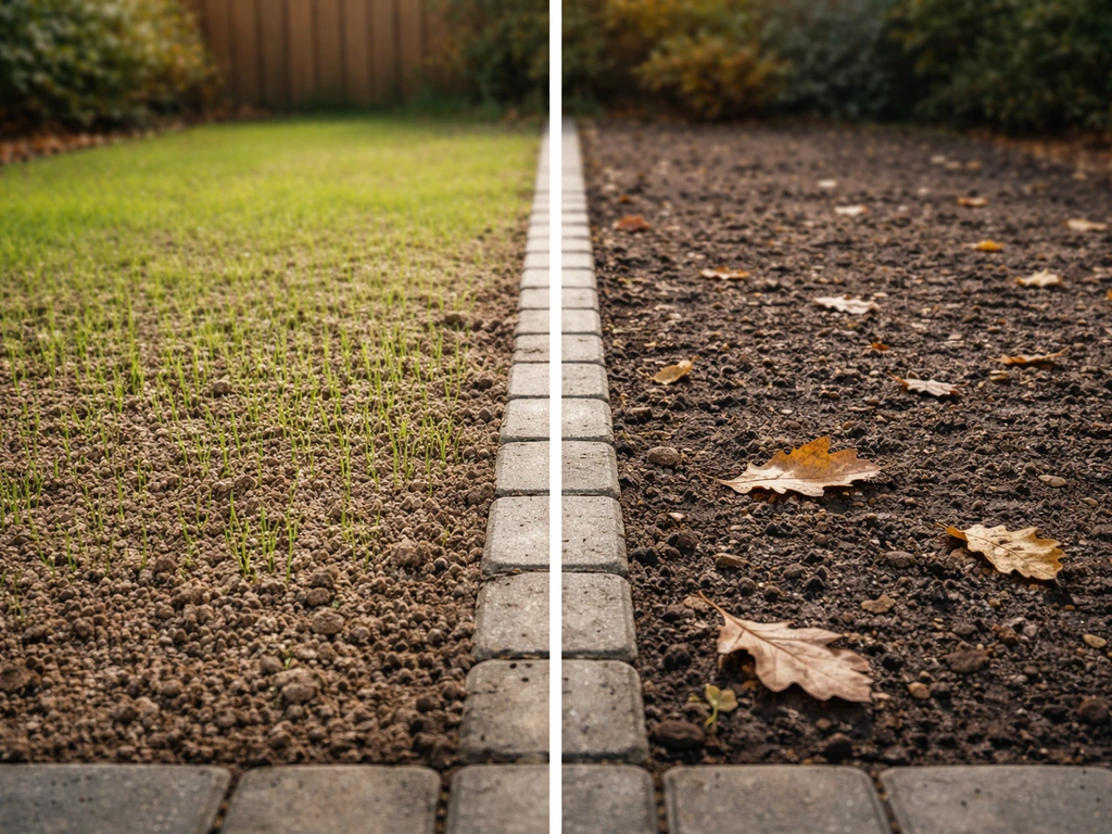 Twee naast elkaar liggende stukken tuinbodem: links fris voorjaar, rechts koel najaar met bladeren, zonder mensen.