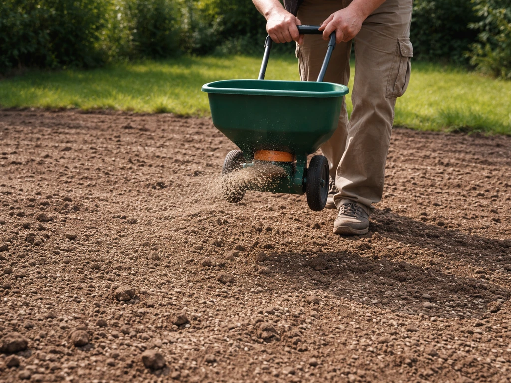 Anonieme handen strooien gelijkmatig graszaad met een handstrooier/spreidwagen op voorbereide gazongrond.
