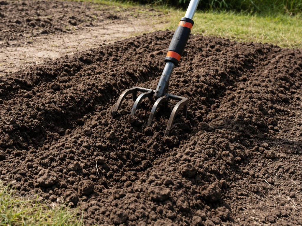 Tuinman maakt zandige grond los met een cultivator, bovenlaag wordt omgezet in een bewerkingsbed.