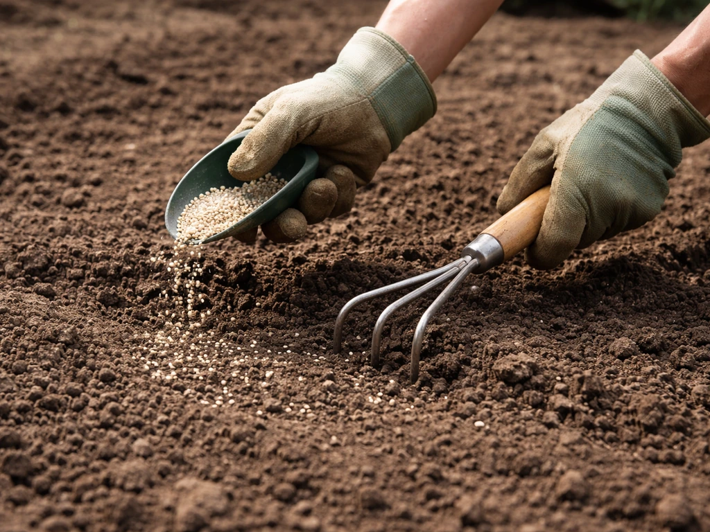 Anonieme handen die startmeststofkorrels uitstrooien en licht inwerken in de voorbereide grond.