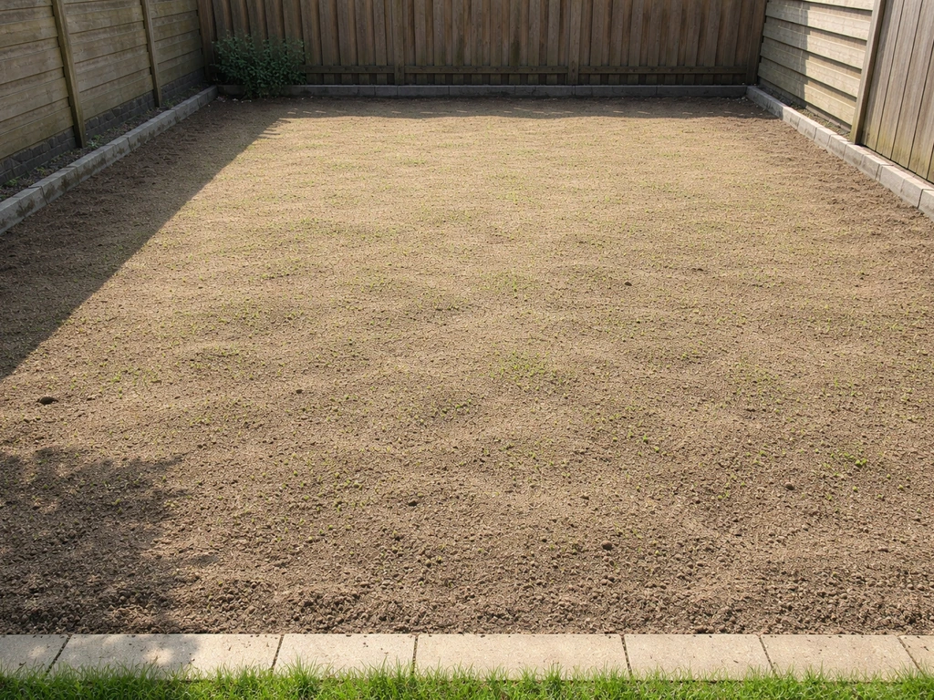Bovenaanzicht van een tuinperceel met vers ingezaaid gras en beginnende kieming in het zaaibed.