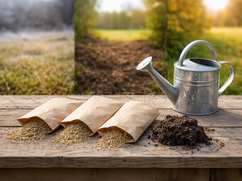 Tuinscène met graszaad en vochtige grond op een houten werkbank onder wisselend seizoenslicht