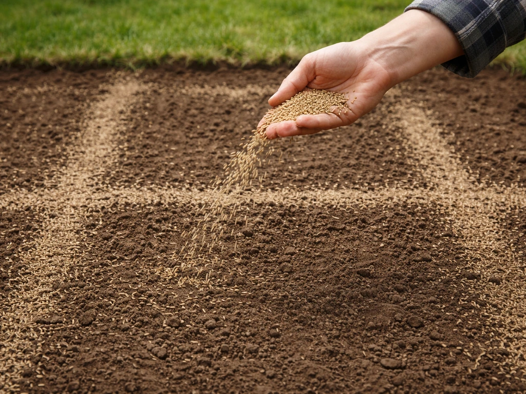 Hand die graszaad gelijkmatig strooit over afgebakende grond met zichtbare zaadstrooisel in twee richtingen