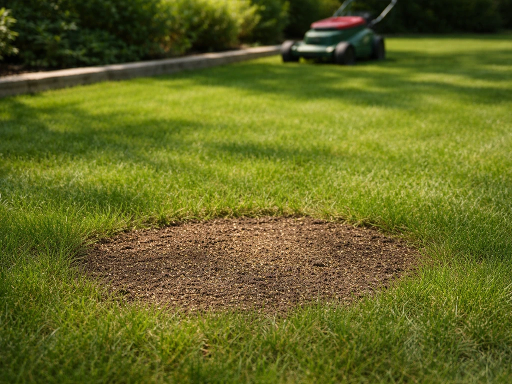 Groen gazon met kale plek die net is bijgezaaid, op de achtergrond een maaier in de tuin