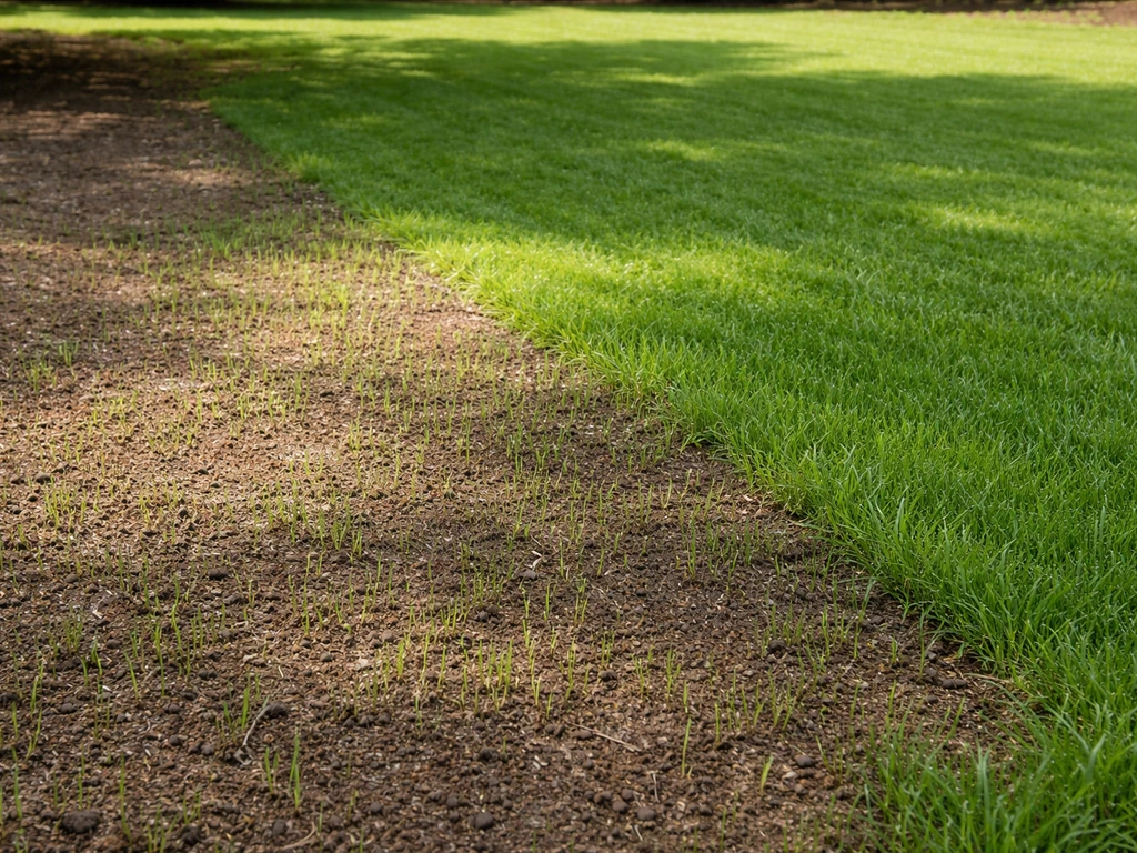 Twee seizoensmomenten in één tuin: fris groen na voorjaar doorzaaien en later hergroei in het najaar.