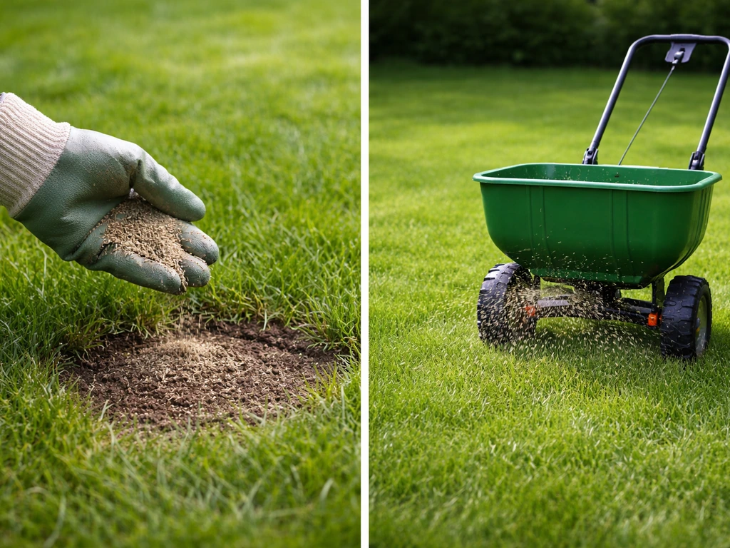 Hand met handschoen bij kleine kale plek, naast een strooiwagen die gelijkmatig graszaad uitwerpt.