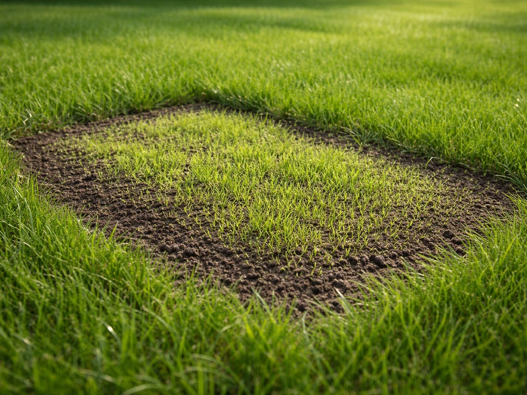 Dicht gazon met herstelde, opgehoogde plekken en vers bijgezaaid gras dat net opkomt.