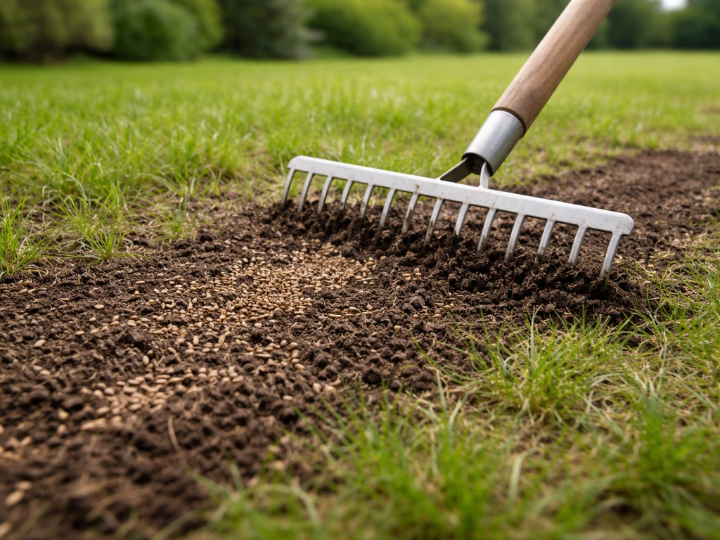 Lente gazon met verse grond, zaad en een handhark, met zachte bewolkte lucht als seizoenssuggestie.