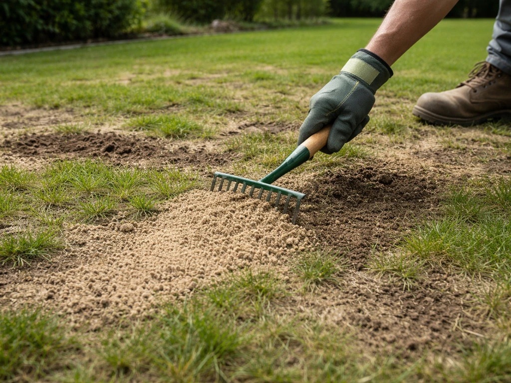 Iemand die topdressing verspreidt op een ongelijk gazon met zichtbare kuilen, voor egalisatie.