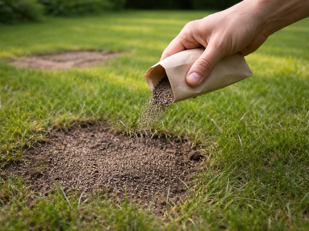 Hand strooit graszaad op een gazon met kale plekken om bij te zaaien.