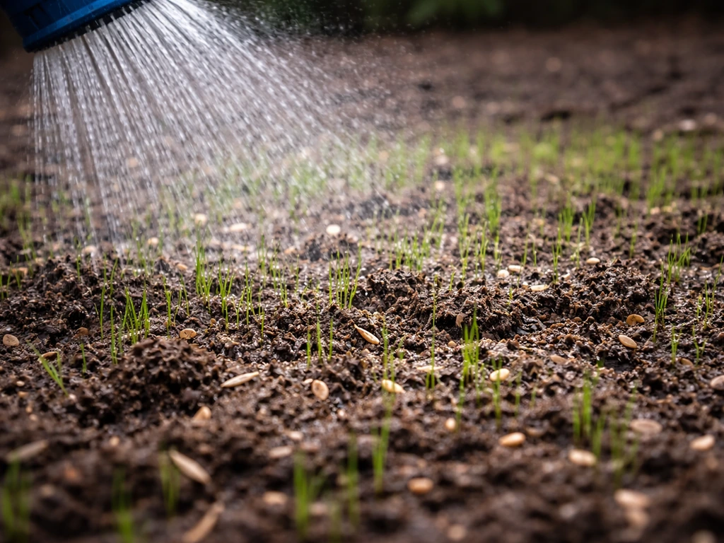 Close-up van pas ingezaaide grond die net fijn wordt beregend; vochtige aarde zonder plassen en kiemend gras zichtbaar.