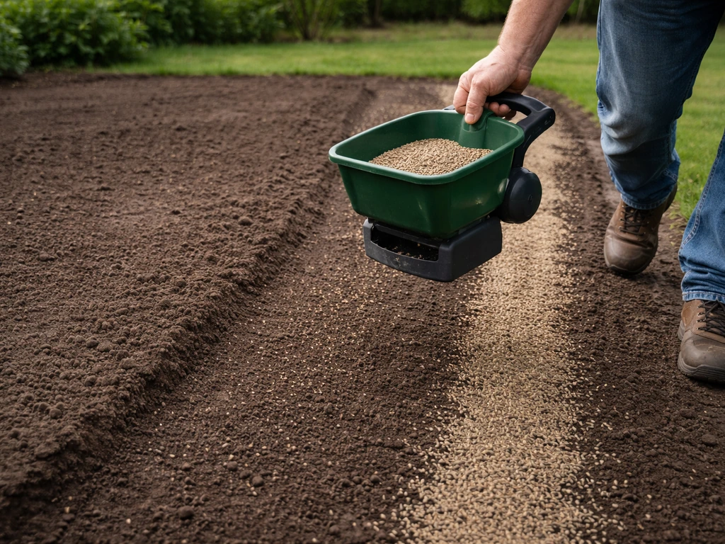 Gazon dat wordt ingezaaid: zaadstrooier op een net geharkte strook grond, handschoenen en zaad vallen zichtbaar.