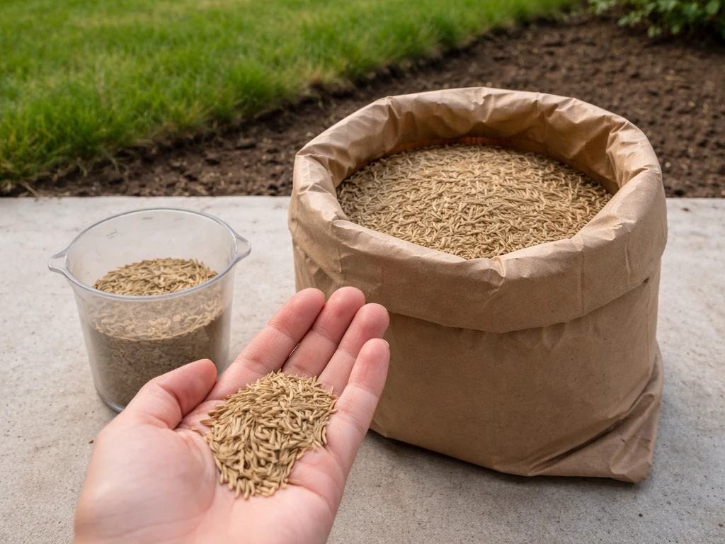 Close-up van een hand met graszaad naast een lege maatbeker, met zachte achtergrond van tuin en grond.
