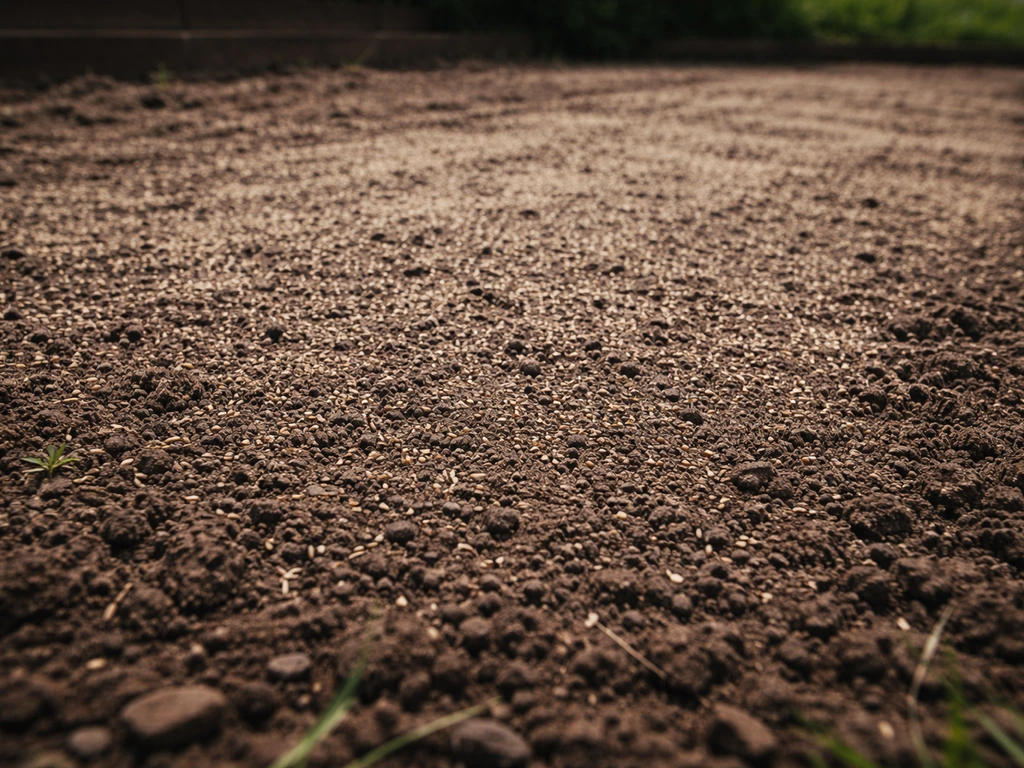 Kaal gefreesd tuinperceel met een net ingezaaid gazonvak en gelijkmatige graszaadverdeling.
