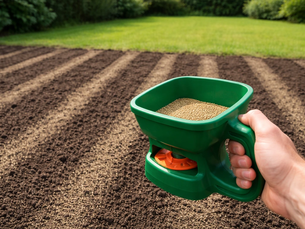 Anonieme hand strooit graszaad op een pas ingezaaid gazon met zichtbaar zaaibed.