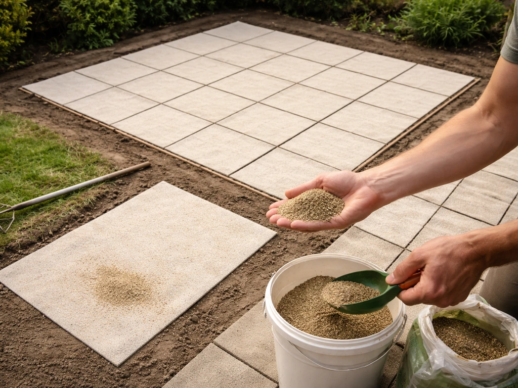Handen die graszaad afmeten en verdelen op een afgemeten tuinstrook, passend bij 40 g per m².